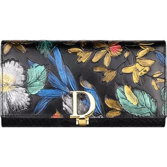 Women Long Wallet Genuine Leather RFID Blocking Floral Hand Painted